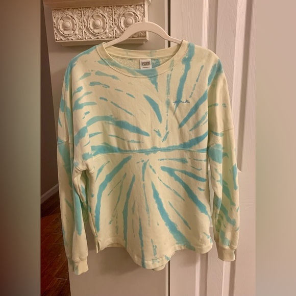 VICTORIA'S SECRET PINK YELLOW TEAL TIE DYE VARSITY CREW PULLOVER SWEATSHIRT - XS - Picture 5 of 8